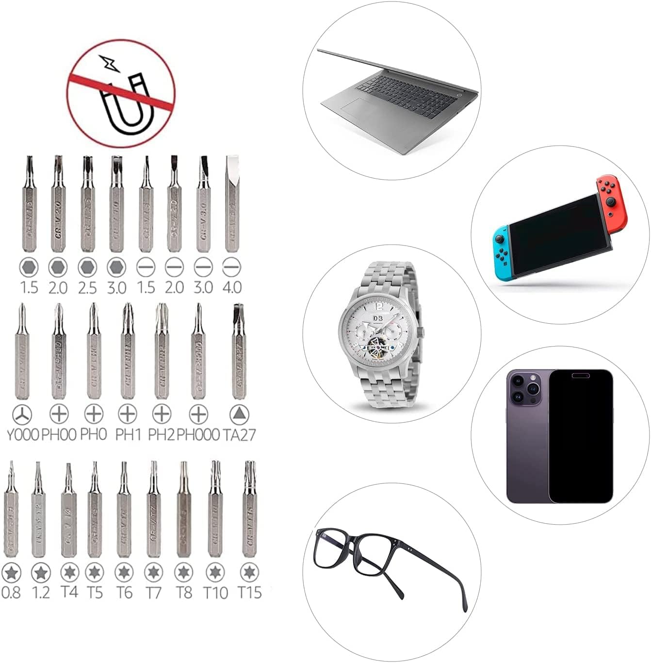 Bộ cờ lê từ tính và tua vít điện tử chính xác, 73 chiếc (1 gói), Đen/Đỏ/Bạc