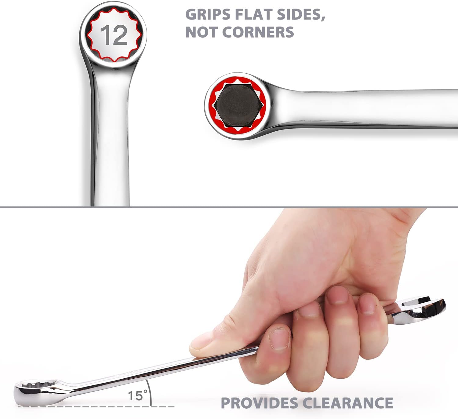 Bộ cờ lê kết hợp cao cấp 15 món Max Torque, đầy đủ các kích cỡ SAE inch từ 1/4" đến 1" với bộ sắp xếp giá đỡ | Thép Cr-V, hoàn thiện bằng crôm gương, hoa văn dài, mở rãnh chữ V và đầu hộp 12 điểm