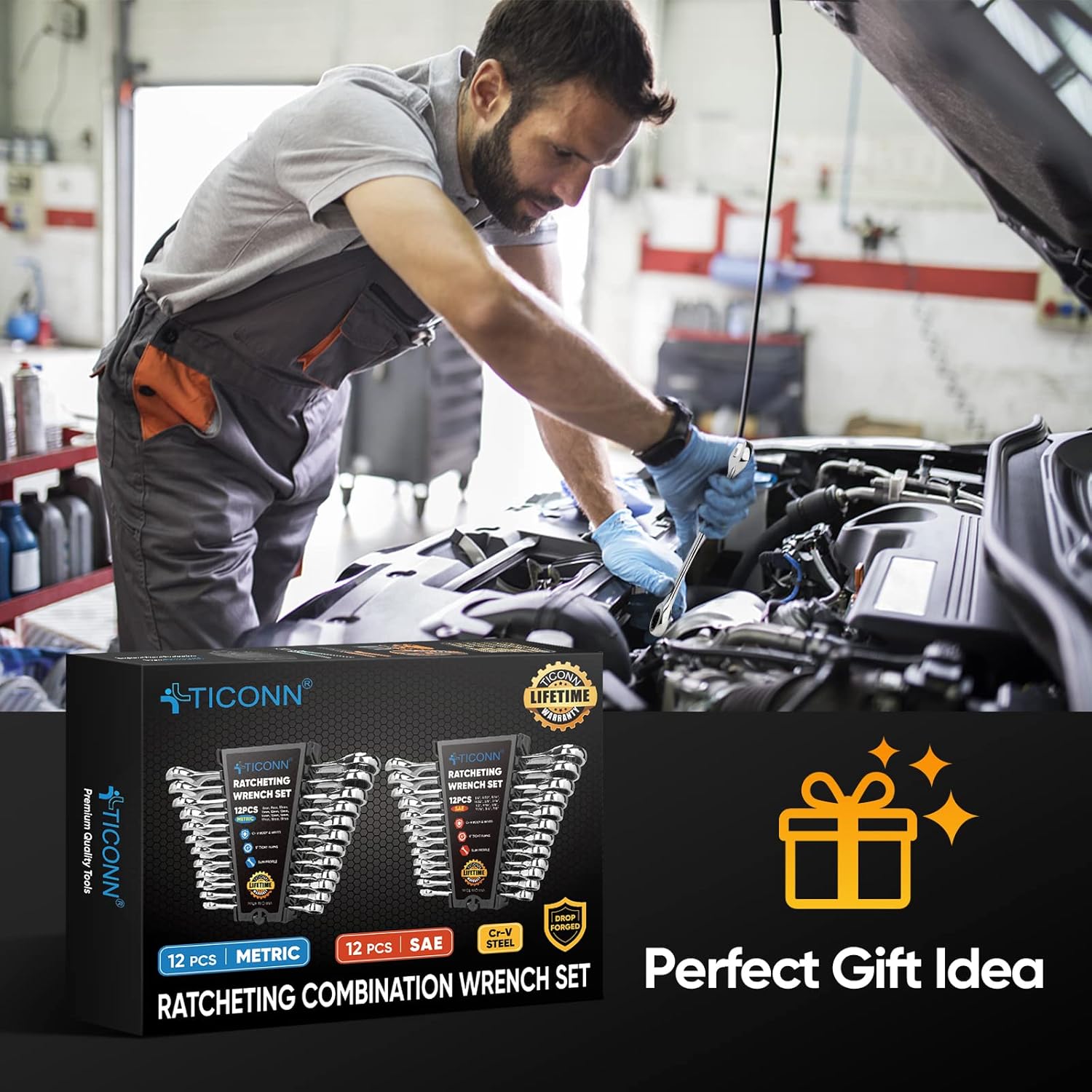 Bộ cờ lê TICONN 24 món có giá để đồ, cờ lê cơ học siêu mỏng chuyên nghiệp Cr-V (12" (SAE) và 12mm (hệ mét))