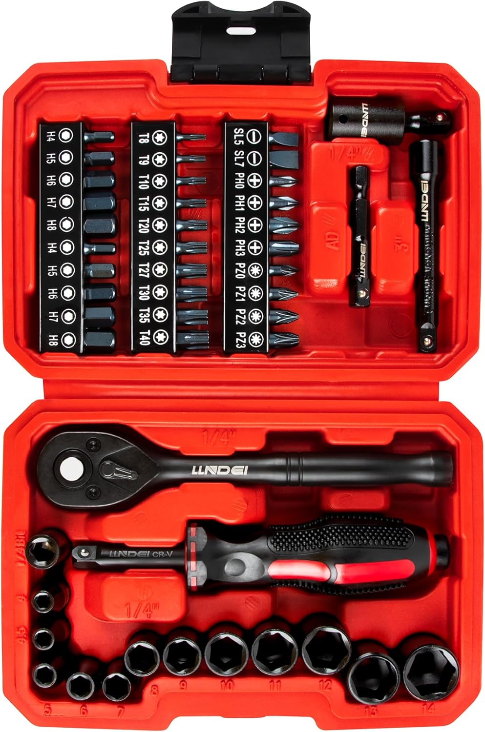Bộ cờ lê vặn vít mini 48 chi tiết 1/4" LLNDEI, đầu lục giác nông hệ mét (4-14mm) 6 đầu, có cờ lê vặn vít mini 72 răng, bộ đầu vặn vít, bộ chuyển đổi đa năng và dây nối dài 3 inch