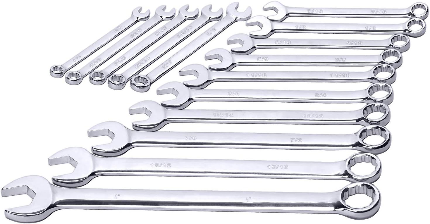 Bộ cờ lê kết hợp cao cấp 15 món Max Torque, đầy đủ các kích cỡ SAE inch từ 1/4" đến 1" với bộ sắp xếp giá đỡ | Thép Cr-V, hoàn thiện bằng crôm gương, hoa văn dài, mở rãnh chữ V và đầu hộp 12 điểm