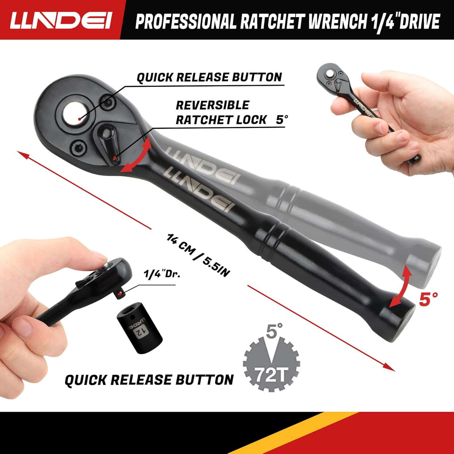Bộ cờ lê vặn vít mini 48 chi tiết 1/4" LLNDEI, đầu lục giác nông hệ mét (4-14mm) 6 đầu, có cờ lê vặn vít mini 72 răng, bộ đầu vặn vít, bộ chuyển đổi đa năng và dây nối dài 3 inch