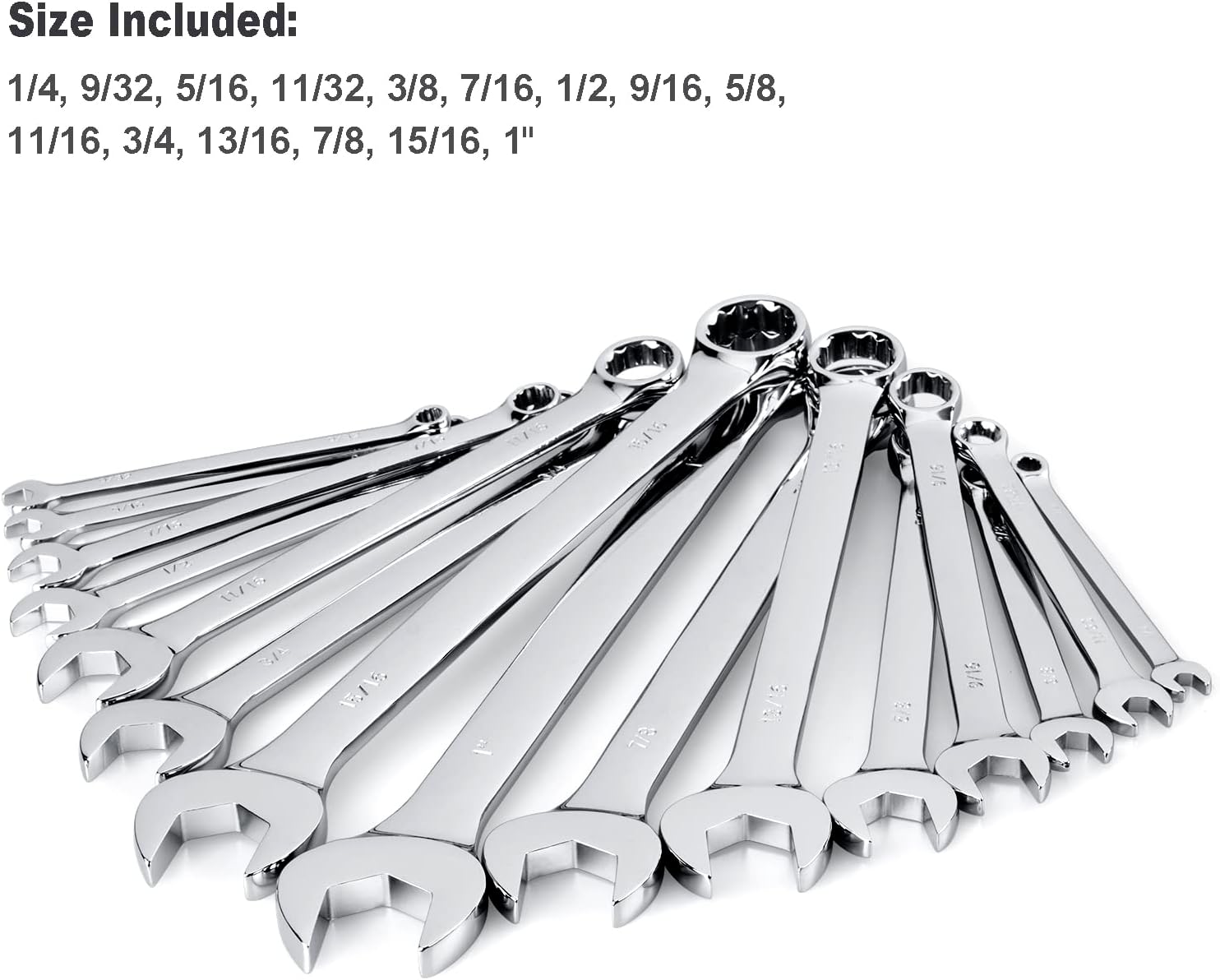 Bộ cờ lê kết hợp cao cấp 15 món Max Torque, đầy đủ các kích cỡ SAE inch từ 1/4" đến 1" với bộ sắp xếp giá đỡ | Thép Cr-V, hoàn thiện bằng crôm gương, hoa văn dài, mở rãnh chữ V và đầu hộp 12 điểm