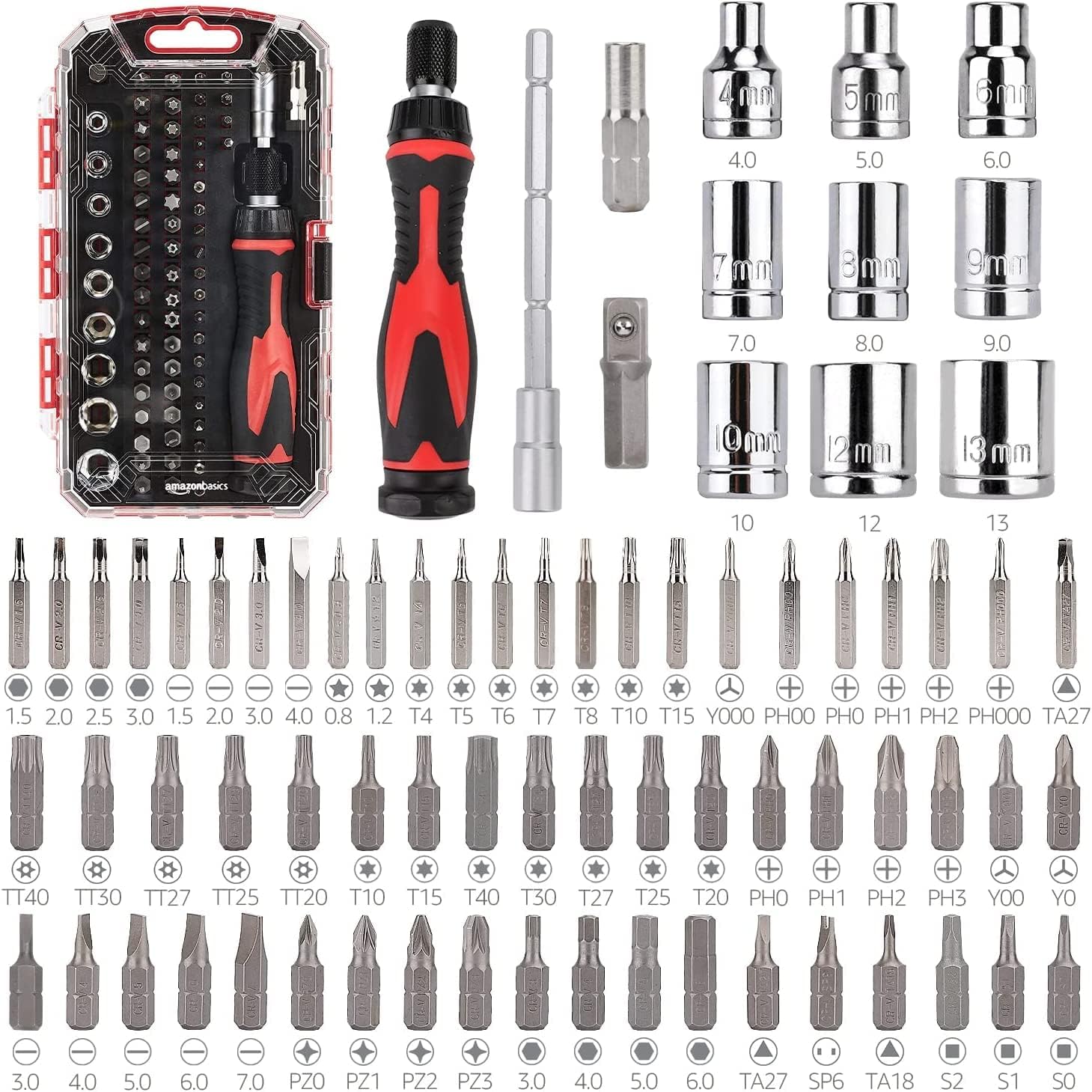 Bộ cờ lê từ tính và tua vít điện tử chính xác, 73 chiếc (1 gói), Đen/Đỏ/Bạc