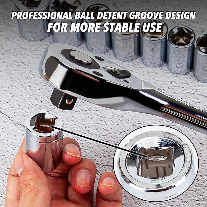 Bộ cờ lê ổ đĩa 1/4", 3/8" và 1/2" có bộ ổ cắm SAE/metric trong hộp đựng dụng cụ bằng nhựa