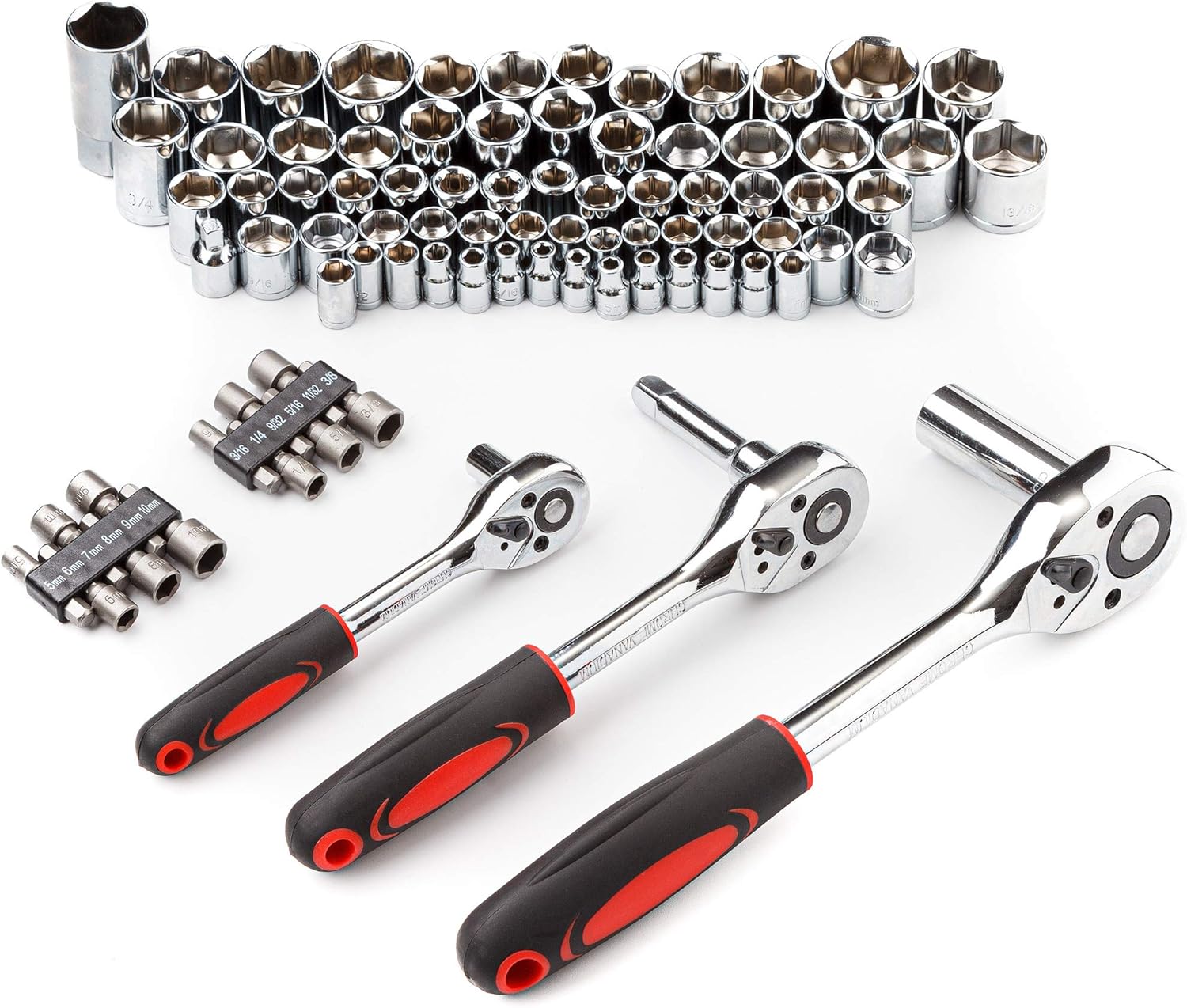 Bộ cờ lê ổ đĩa 1/4", 3/8" và 1/2" có bộ ổ cắm SAE/metric trong hộp đựng dụng cụ bằng nhựa