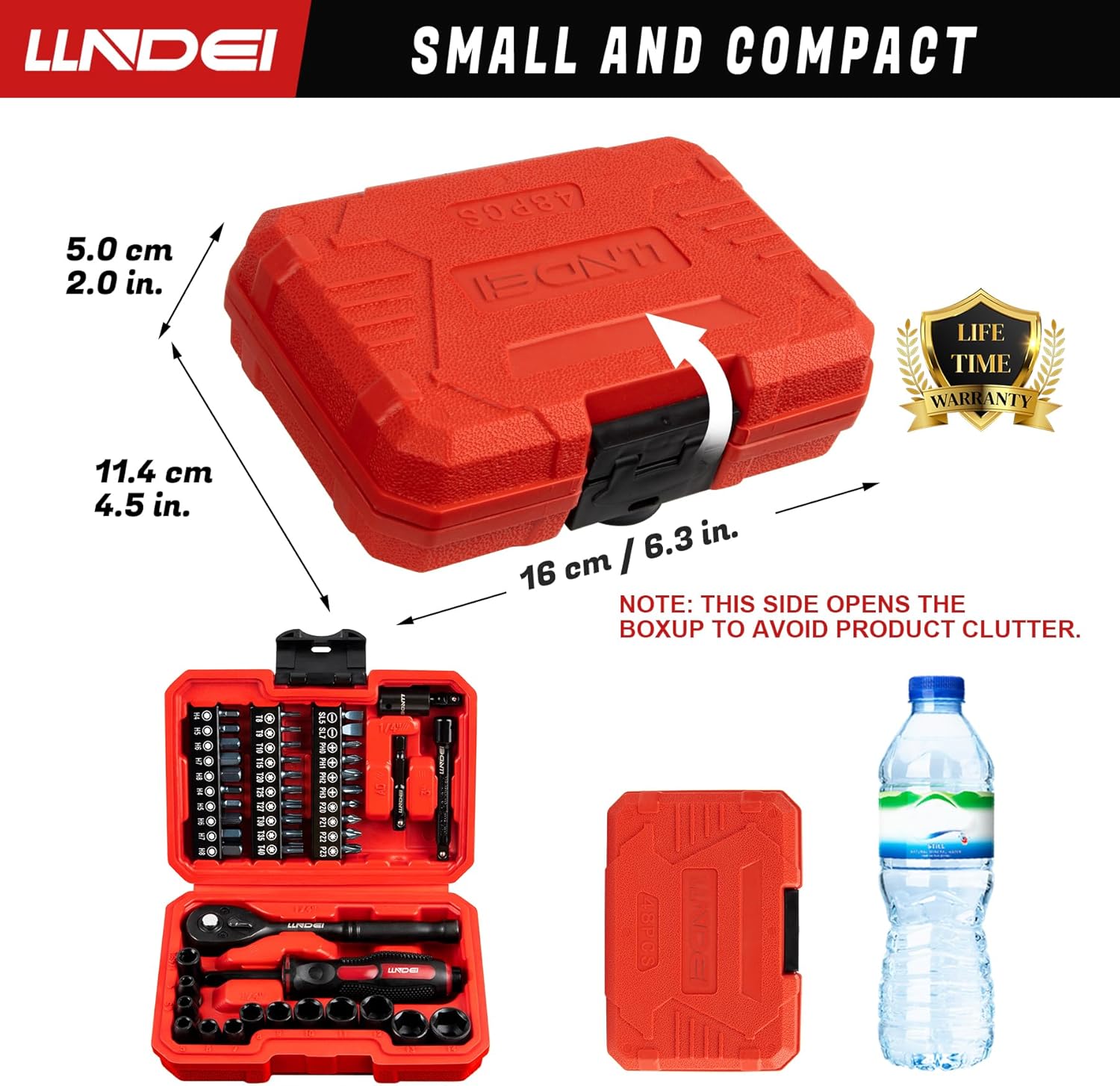 Bộ cờ lê vặn vít mini 48 chi tiết 1/4" LLNDEI, đầu lục giác nông hệ mét (4-14mm) 6 đầu, có cờ lê vặn vít mini 72 răng, bộ đầu vặn vít, bộ chuyển đổi đa năng và dây nối dài 3 inch