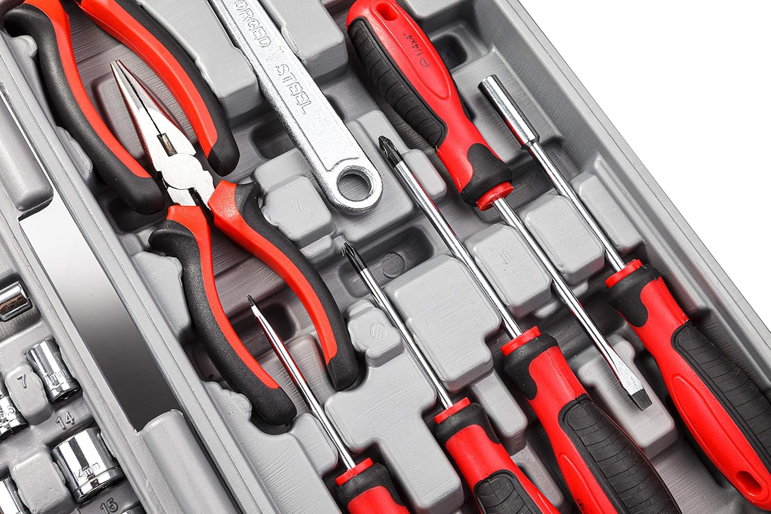 Bộ cờ lê ổ đĩa 1/4", 3/8" và 1/2" có bộ ổ cắm SAE/metric trong hộp đựng dụng cụ bằng nhựa