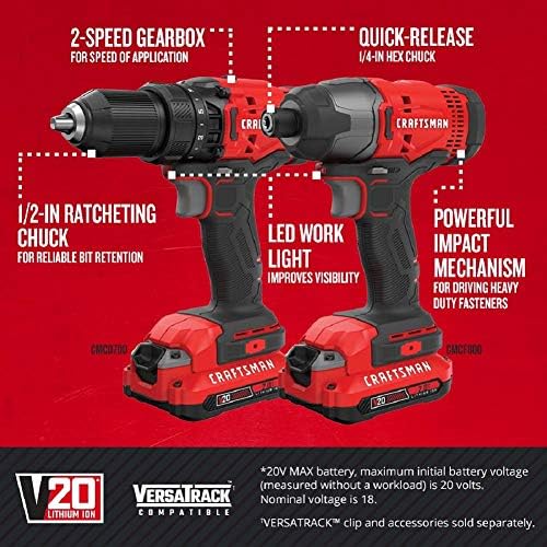 Máy khoan không dây và máy khoan động lực CRAFTSMAN V20 MAX, Bộ dụng cụ điện kết hợp với 2 pin và bộ sạc (CMCK200C2AM)