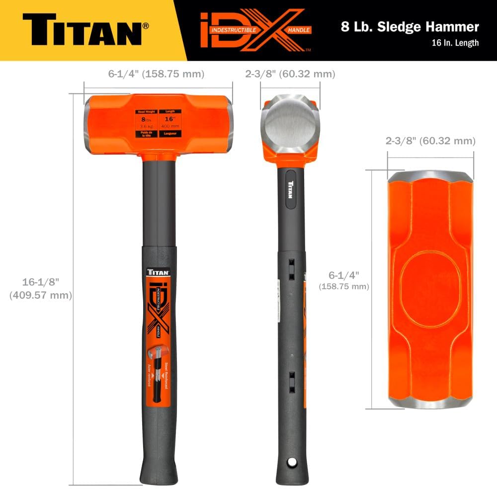Búa tạ Titan iDX 63618 8 lb không thể phá hủy, tay cầm 16"