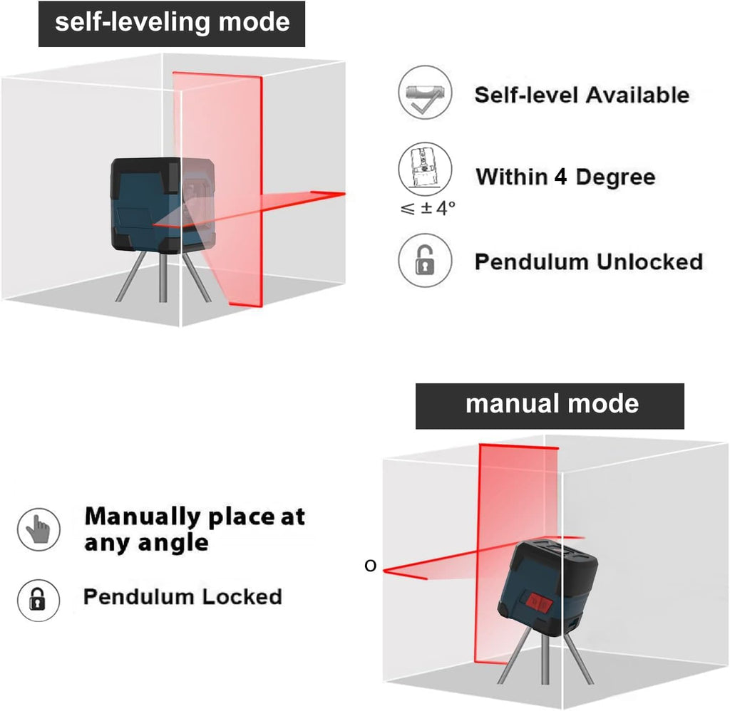 Máy cân bằng laser, máy cân bằng laser RockSeed Cross Line, vạch dọc và ngang, có thể xoay 360 độ, túi đựng, có pin (màu đỏ)