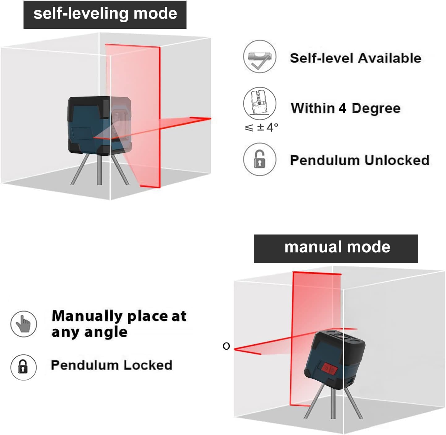 Máy cân bằng laser, máy cân bằng laser RockSeed Cross Line, vạch dọc và ngang, có thể xoay 360 độ, túi đựng, có pin (màu đỏ)