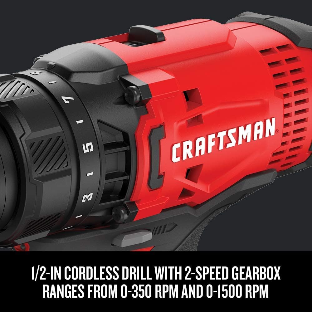 Máy khoan không dây và máy khoan động lực CRAFTSMAN V20 MAX, Bộ dụng cụ điện kết hợp với 2 pin và bộ sạc (CMCK200C2AM)