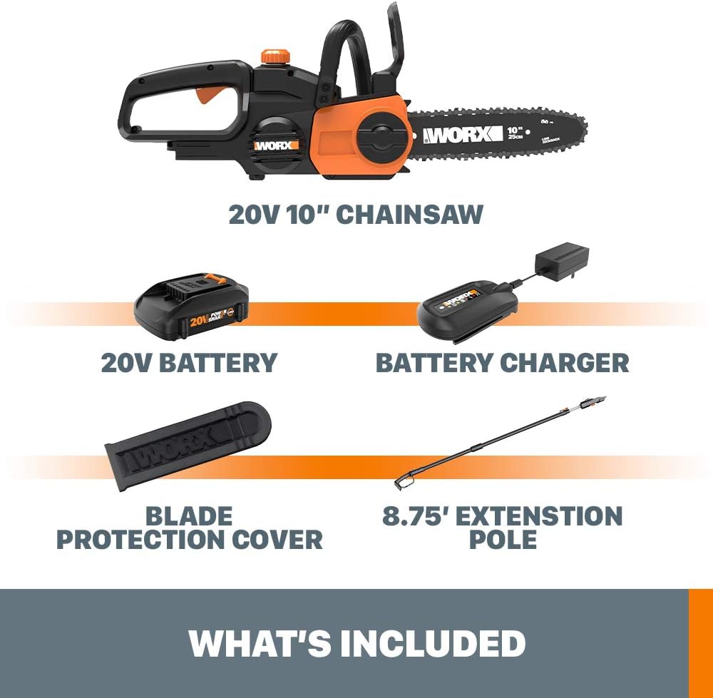 Máy cưa xích/cưa cột không dây Worx WG323 20V Power Share 10" có bộ căng tự động (Bao gồm pin và bộ sạc)Truy cập Cửa hàng hàng đầu của thương hiệu WORX