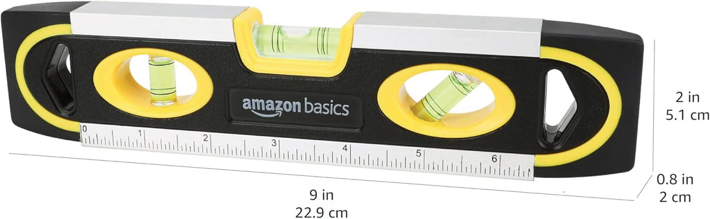 Thước thủy và mực nước ngư lôi từ tính 9 inch của Amazon Basics, bong bóng 180/90/45 độ, màu đen