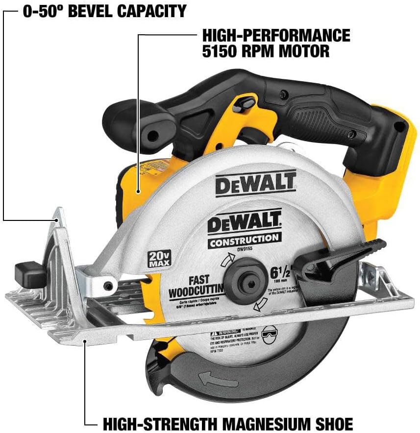 Máy cưa tròn DEWALT 20V MAX, Lưỡi cưa 6-1/2", Động cơ 460 MWO, Khả năng vát 0-50 độ, Chỉ có dụng cụ trần (DCS391B)