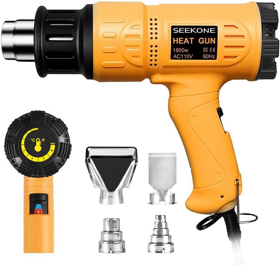 Súng nhiệt SEEKONE 1800W 122°F-150°F(50℃-650℃) Bộ súng khí nóng công suất lớn làm nóng nhanh, kiểm soát nhiệt độ thay đổi, bảo vệ quá nhiệt với 4 vòi phun cho đồ thủ công, PVC co, sơn dải (5,2ft)