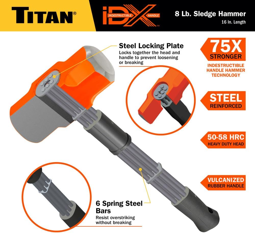 Búa tạ Titan iDX 63618 8 lb không thể phá hủy, tay cầm 16"