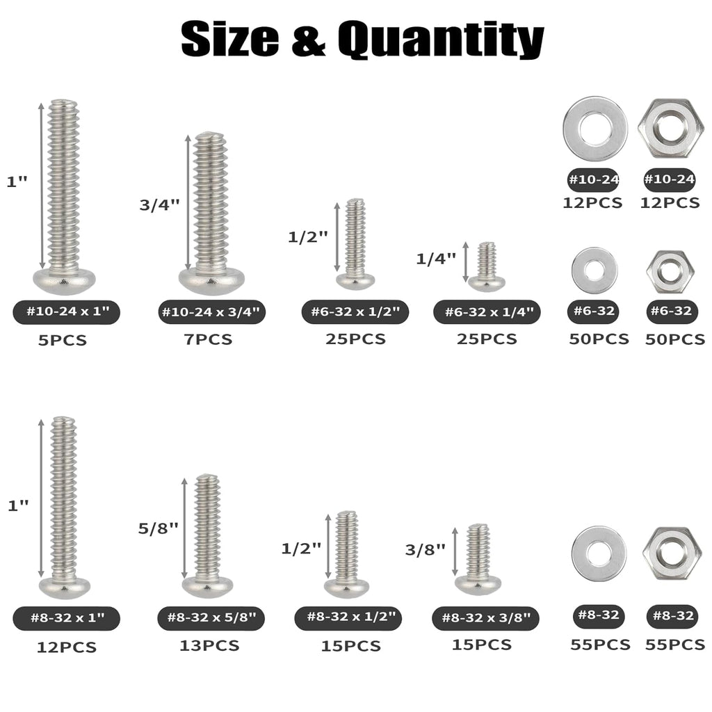 Bộ kết hợp bu lông và đai ốc máy 351 chiếc, # 6-32# 8-32# 10-24 kết hợp đầu phẳng chữ thập bu lông đai ốc bằng thép không gỉ 304 bu lông vòng đệm phẳng có vỏ
