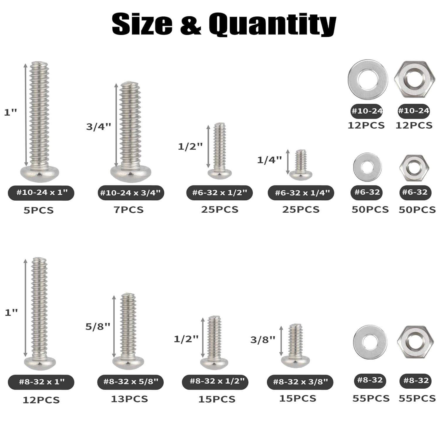 Bộ kết hợp bu lông và đai ốc máy 351 chiếc, # 6-32# 8-32# 10-24 kết hợp đầu phẳng chữ thập bu lông đai ốc bằng thép không gỉ 304 bu lông vòng đệm phẳng có vỏ
