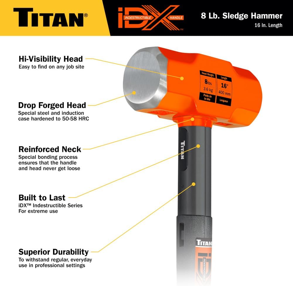 Búa tạ Titan iDX 63618 8 lb không thể phá hủy, tay cầm 16"