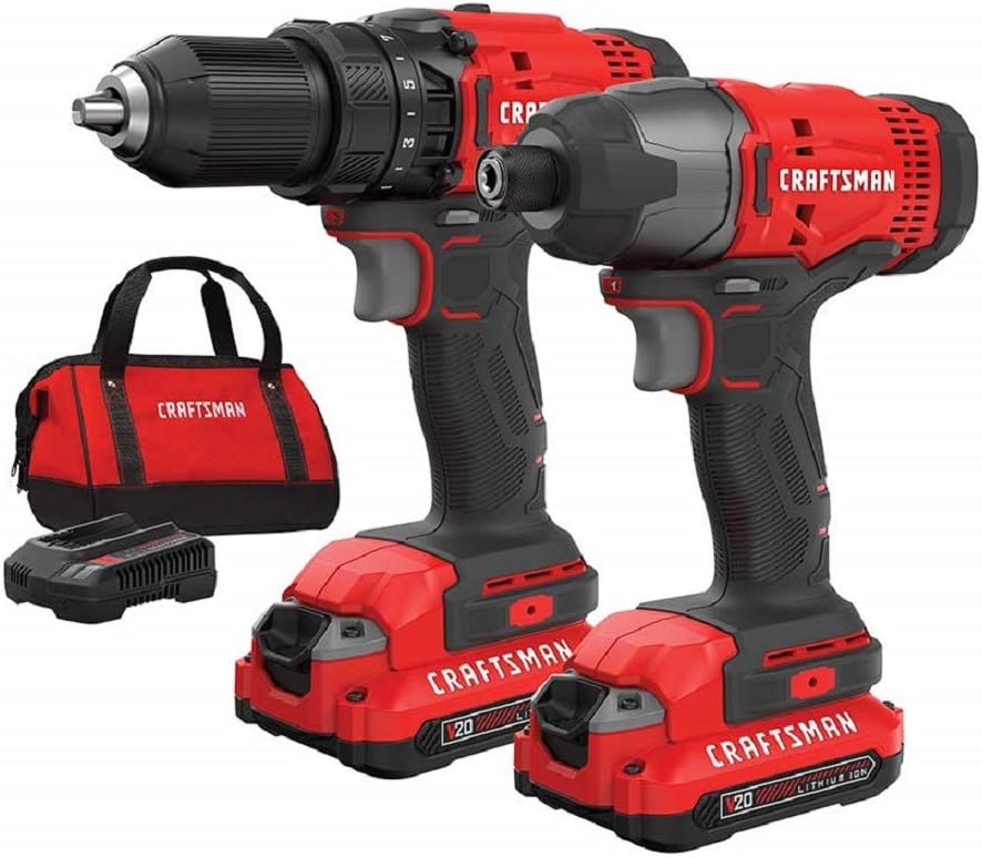 Máy khoan không dây và máy khoan động lực CRAFTSMAN V20 MAX, Bộ dụng cụ điện kết hợp với 2 pin và bộ sạc (CMCK200C2AM)