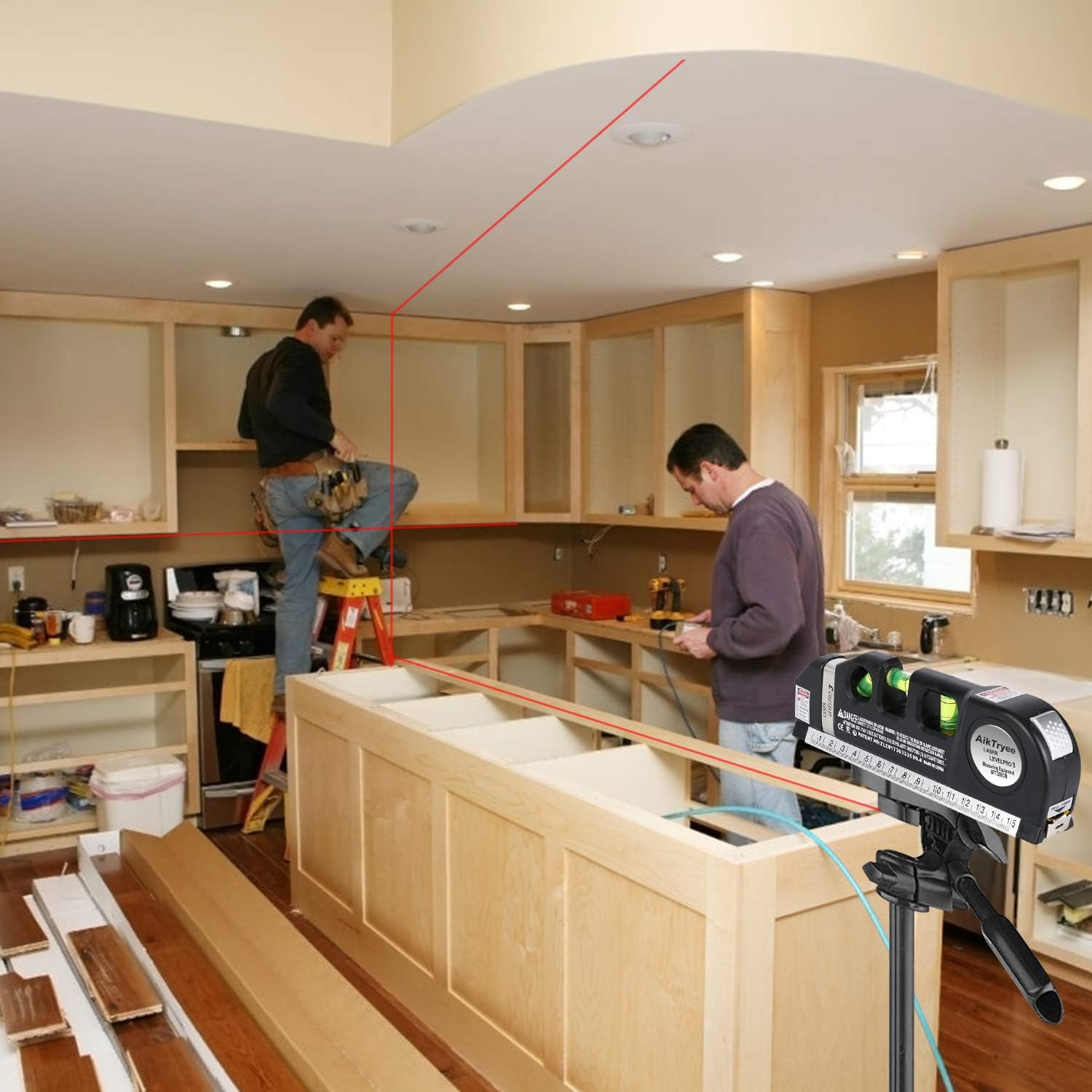 Máy cân bằng laser, Bộ cân bằng laser đa chức năng, Máy cân bằng laser tia chữ thập tiêu chuẩn kèm thước đo hệ mét, 8ft/2,5m cho tủ treo tranh AikTryee, ốp tường gạch.