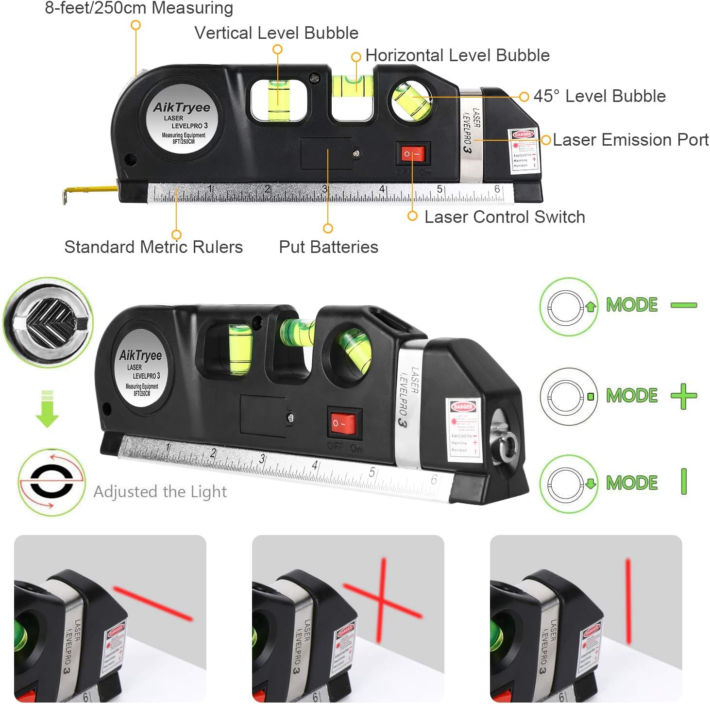 Máy cân bằng laser, Bộ cân bằng laser đa chức năng, Máy cân bằng laser tia chữ thập tiêu chuẩn kèm thước đo hệ mét, 8ft/2,5m cho tủ treo tranh AikTryee, ốp tường gạch.