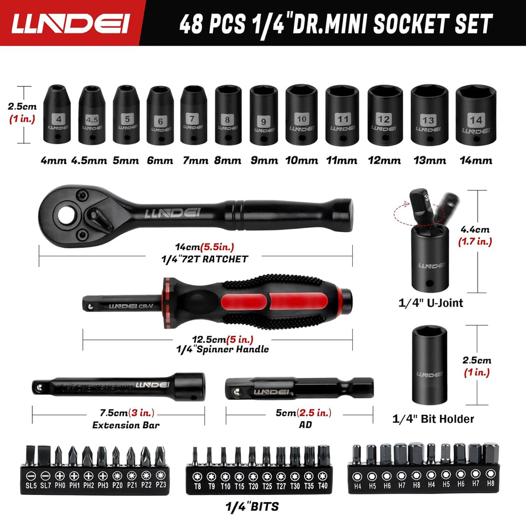 Bộ cờ lê vặn vít mini 48 chi tiết 1/4" LLNDEI, đầu lục giác nông hệ mét (4-14mm) 6 đầu, có cờ lê vặn vít mini 72 răng, bộ đầu vặn vít, bộ chuyển đổi đa năng và dây nối dài 3 inch