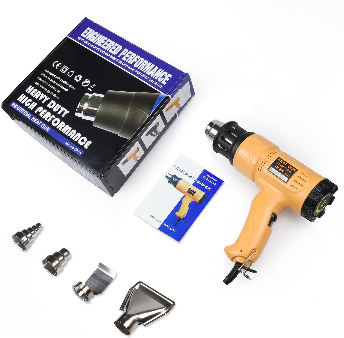 Súng nhiệt SEEKONE 1800W 122°F-150°F(50℃-650℃) Bộ súng khí nóng công suất lớn làm nóng nhanh, kiểm soát nhiệt độ thay đổi, bảo vệ quá nhiệt với 4 vòi phun cho đồ thủ công, PVC co, sơn dải (5,2ft)