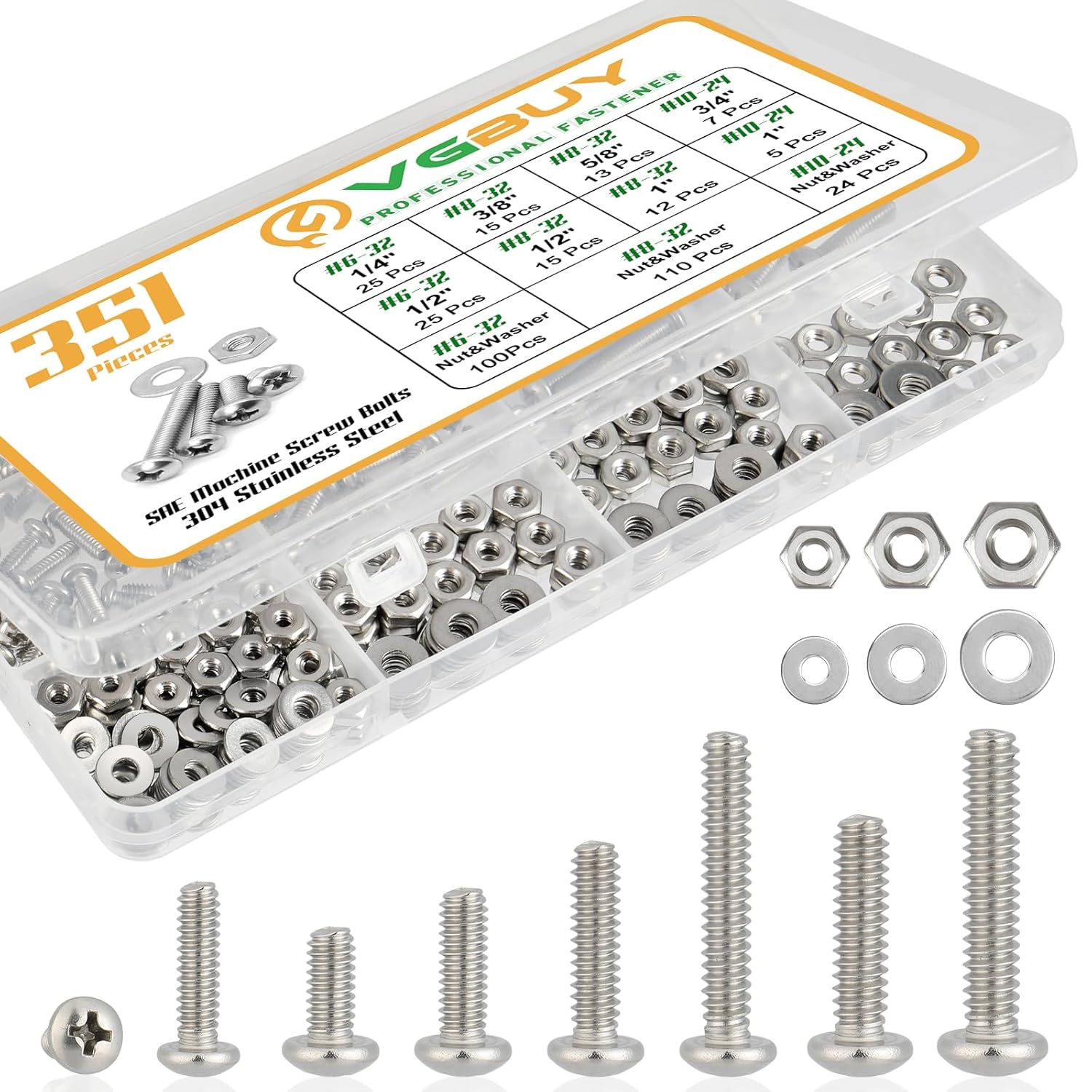 Bộ kết hợp bu lông và đai ốc máy 351 chiếc, # 6-32# 8-32# 10-24 kết hợp đầu phẳng chữ thập bu lông đai ốc bằng thép không gỉ 304 bu lông vòng đệm phẳng có vỏ
