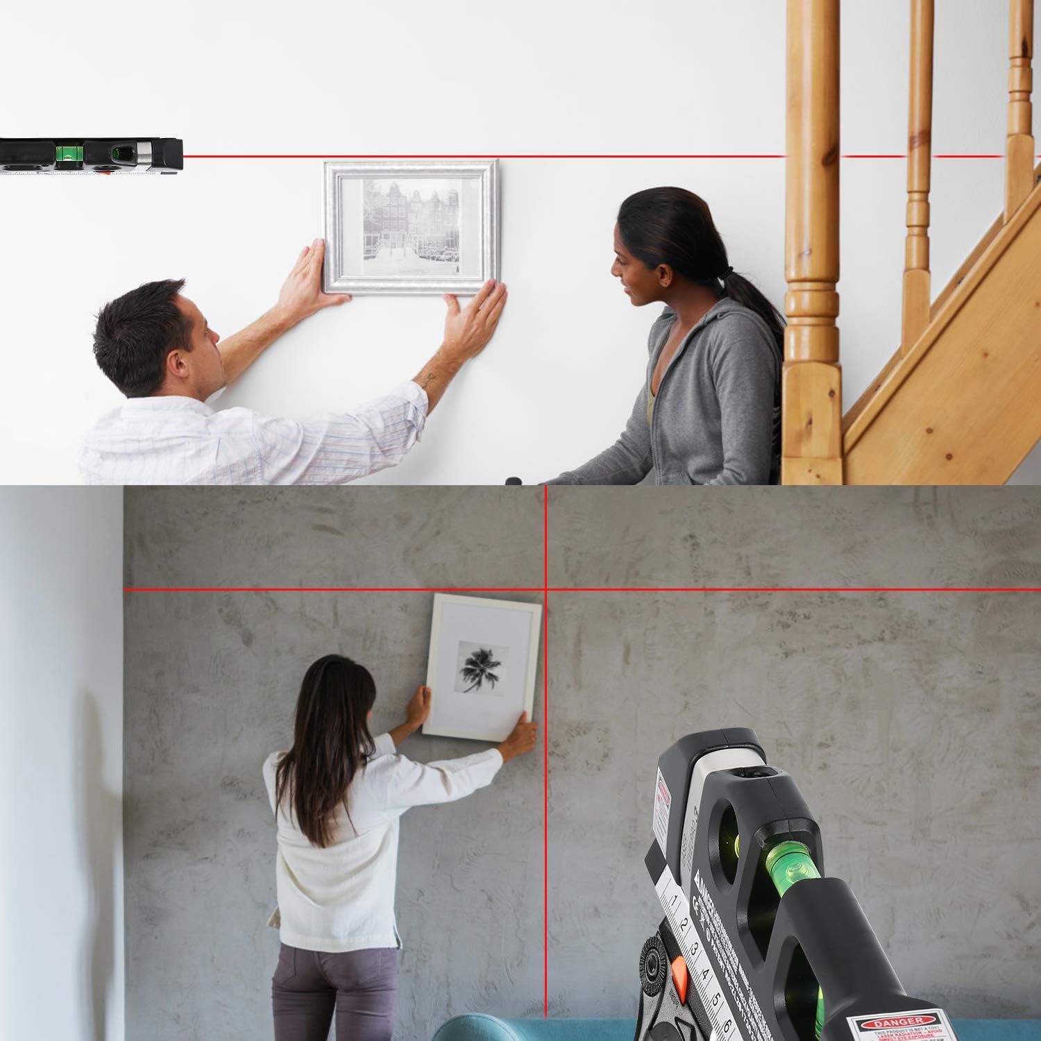 Máy cân bằng laser, Bộ cân bằng laser đa chức năng, Máy cân bằng laser tia chữ thập tiêu chuẩn kèm thước đo hệ mét, 8ft/2,5m cho tủ treo tranh AikTryee, ốp tường gạch.
