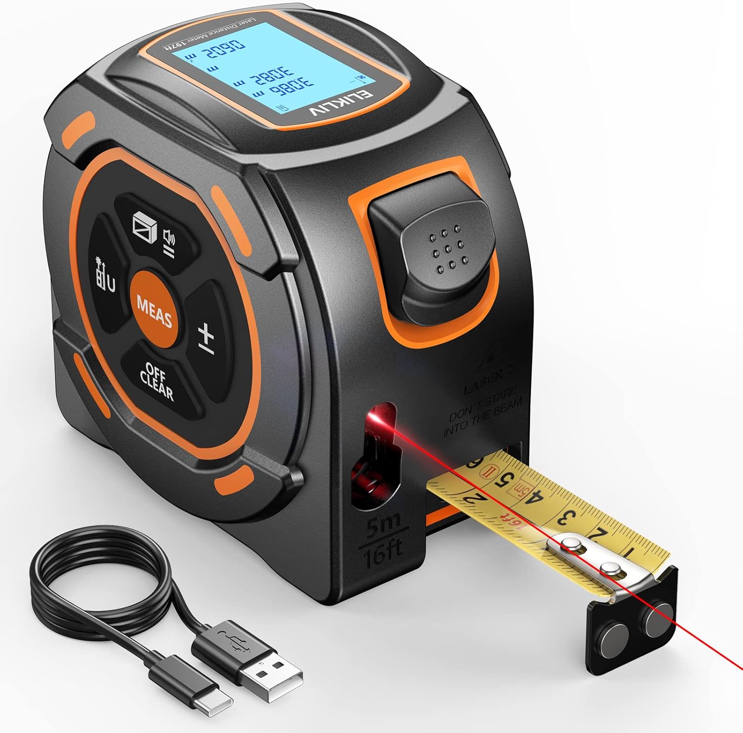 Thước dây laser 197ft Đo bằng laser và 16ft Đo bằng tay Thước dây kỹ thuật số hỗ trợ chế độ Pythagore, Diện tích, Thể tích, Đơn vị Feet/Inch/Mét Máy đo khoảng cách cho Công cụ chế biến gỗ