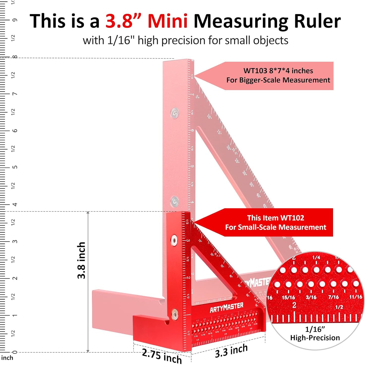 Thước vuông đo góc đa góc 3D mini 3,8 inch, dụng cụ đục gỗ có độ chính xác cao WT102A, dụng cụ đục gỗ vuông bằng hợp kim nhôm 0-90°, bút chì thợ mộc 6 ngòi.