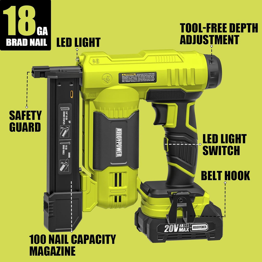 Súng bắn đinh ALLOYPOWER 18-Gauge chạy bằng pin, súng bắn đinh không dây 2 trong 1/máy bấm ghim điện có pin 2.0Ah và bộ sạc, 1000 đinh và 500 ghim để cải thiện nhà cửa và làm đồ gỗ