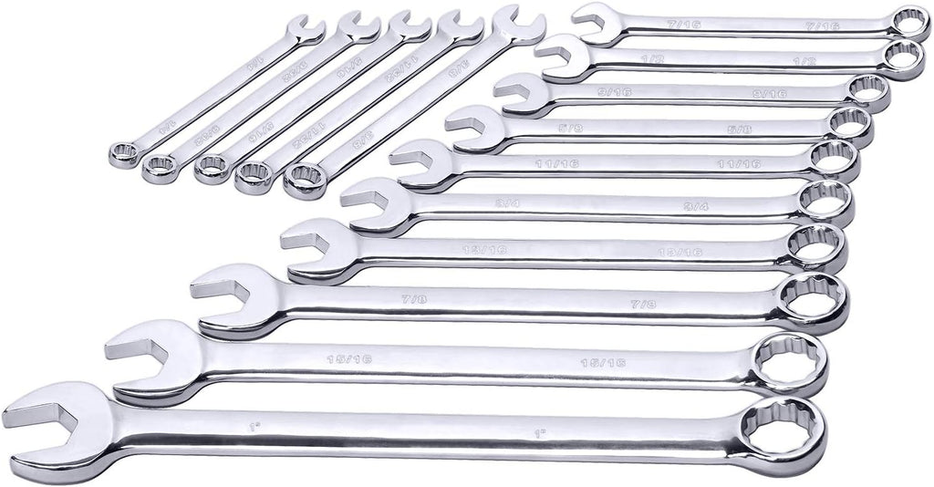 Bộ cờ lê kết hợp cao cấp 15 món Max Torque, đầy đủ các kích cỡ SAE inch từ 1/4" đến 1" với bộ sắp xếp giá đỡ | Thép Cr-V, hoàn thiện bằng crôm gương, hoa văn dài, mở rãnh chữ V và đầu hộp 12 điểm