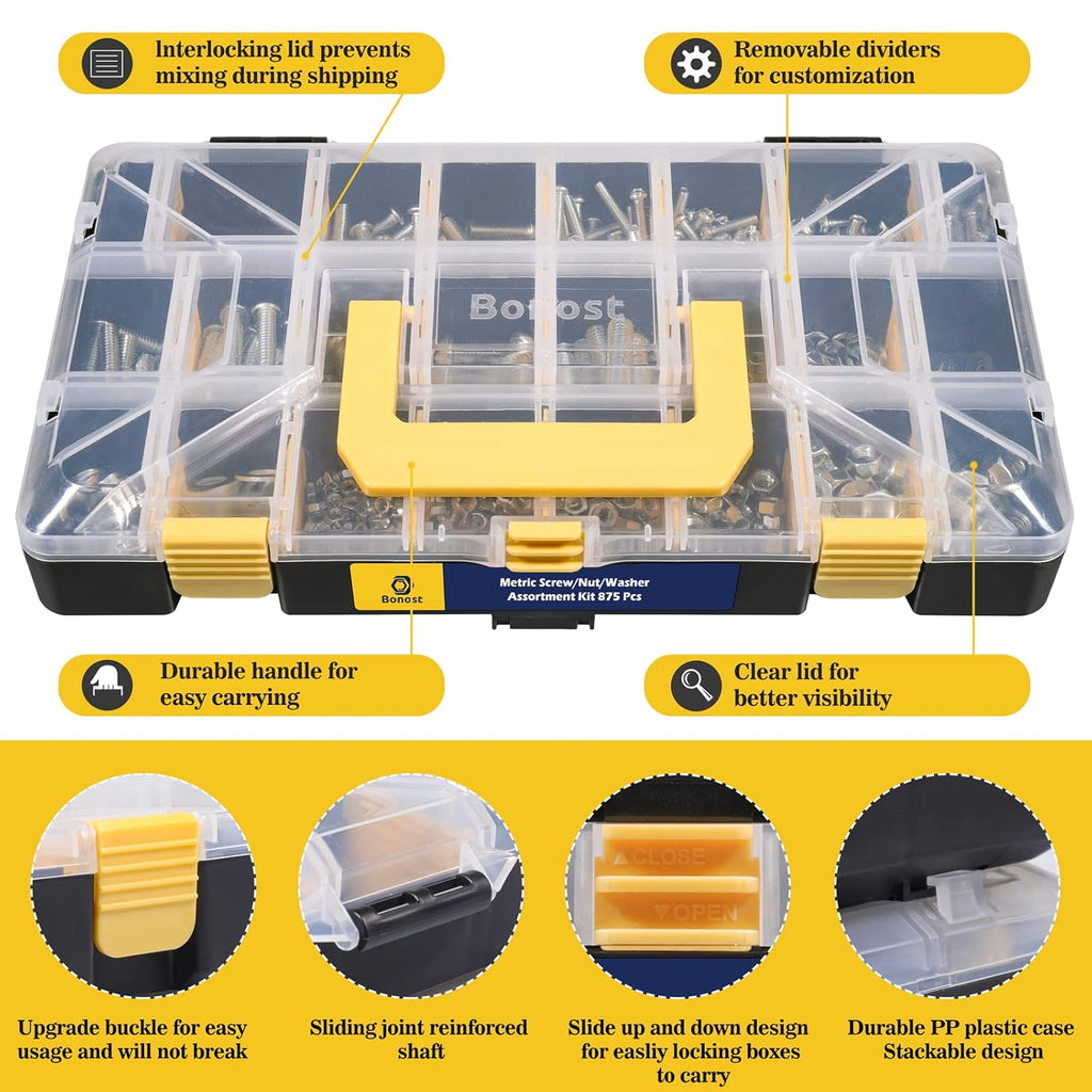 Bộ dụng cụ phân loại phần cứng 2300 món - Bộ dụng cụ phân loại vít máy hệ mét và SAE với các loại đai ốc, bu lông và vòng đệm (3 khay)