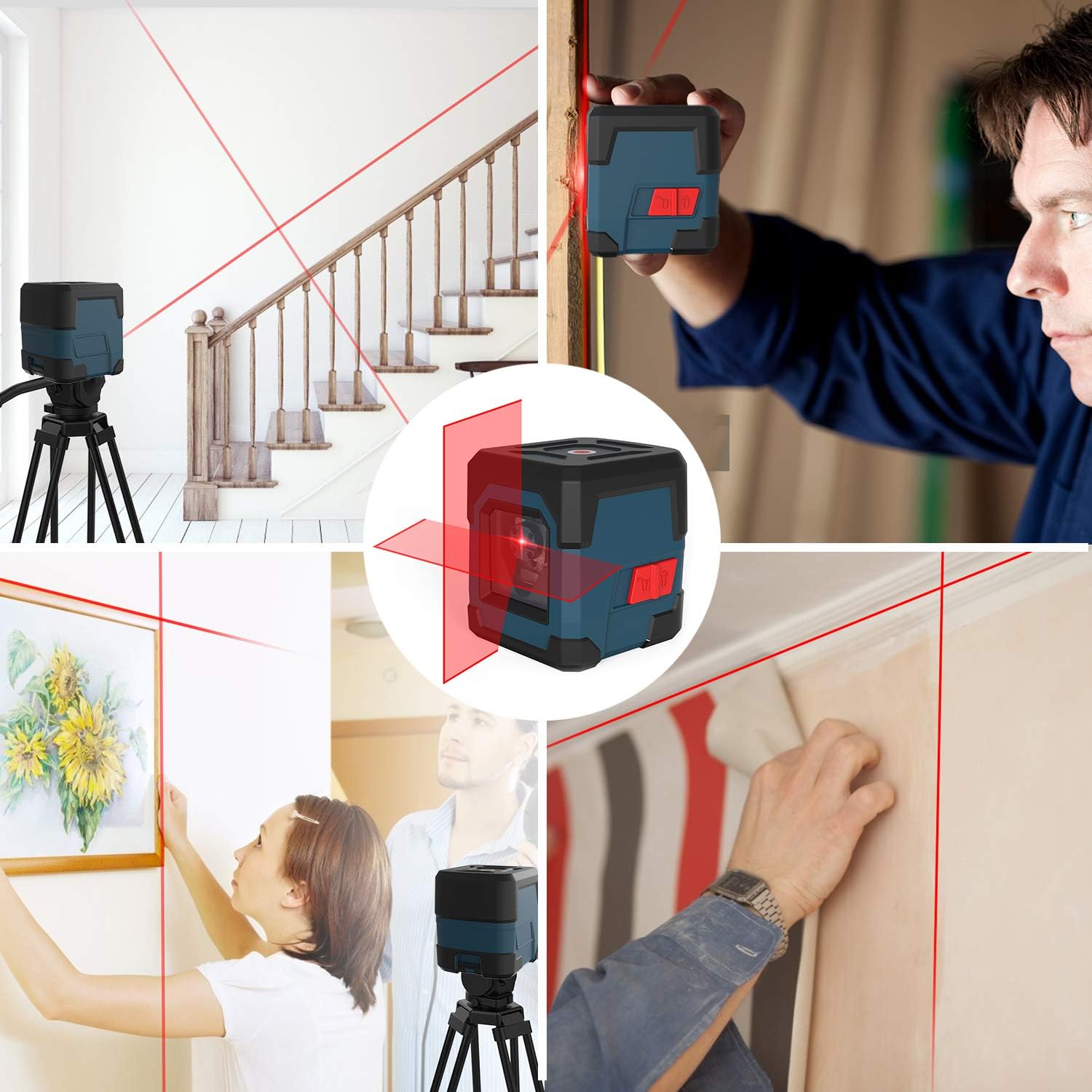 Máy cân bằng laser, máy cân bằng laser RockSeed Cross Line, vạch dọc và ngang, có thể xoay 360 độ, túi đựng, có pin (màu đỏ)