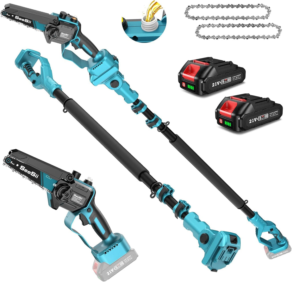 Máy cưa xích điện SEESII PS600 2 trong 1 để cắt tỉa cây, máy cưa xích mini 6 inch không dây có cán dài, máy cưa xích chạy bằng pin, máy cắt tỉa cành cây có 2 pin