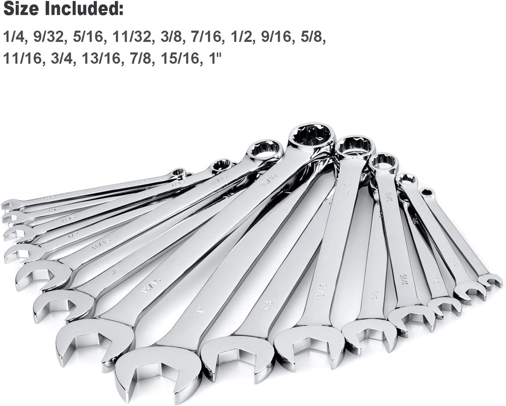 Bộ cờ lê kết hợp cao cấp 15 món Max Torque, đầy đủ các kích cỡ SAE inch từ 1/4" đến 1" với bộ sắp xếp giá đỡ | Thép Cr-V, hoàn thiện bằng crôm gương, hoa văn dài, mở rãnh chữ V và đầu hộp 12 điểm