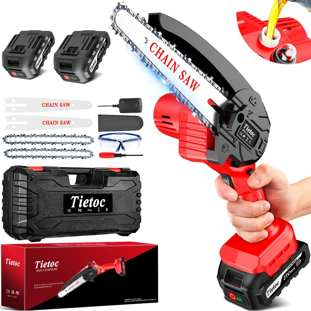 Cưa xích Tietoc Cưa xích điện mini 6 inch không dây dùng pin cầm tay để cắt tỉa gỗ/cây, dụng cụ gia đình và làm vườn, quà tặng cưa xích cho nam giới, bố, chồng, bố, người làm vườn 2025