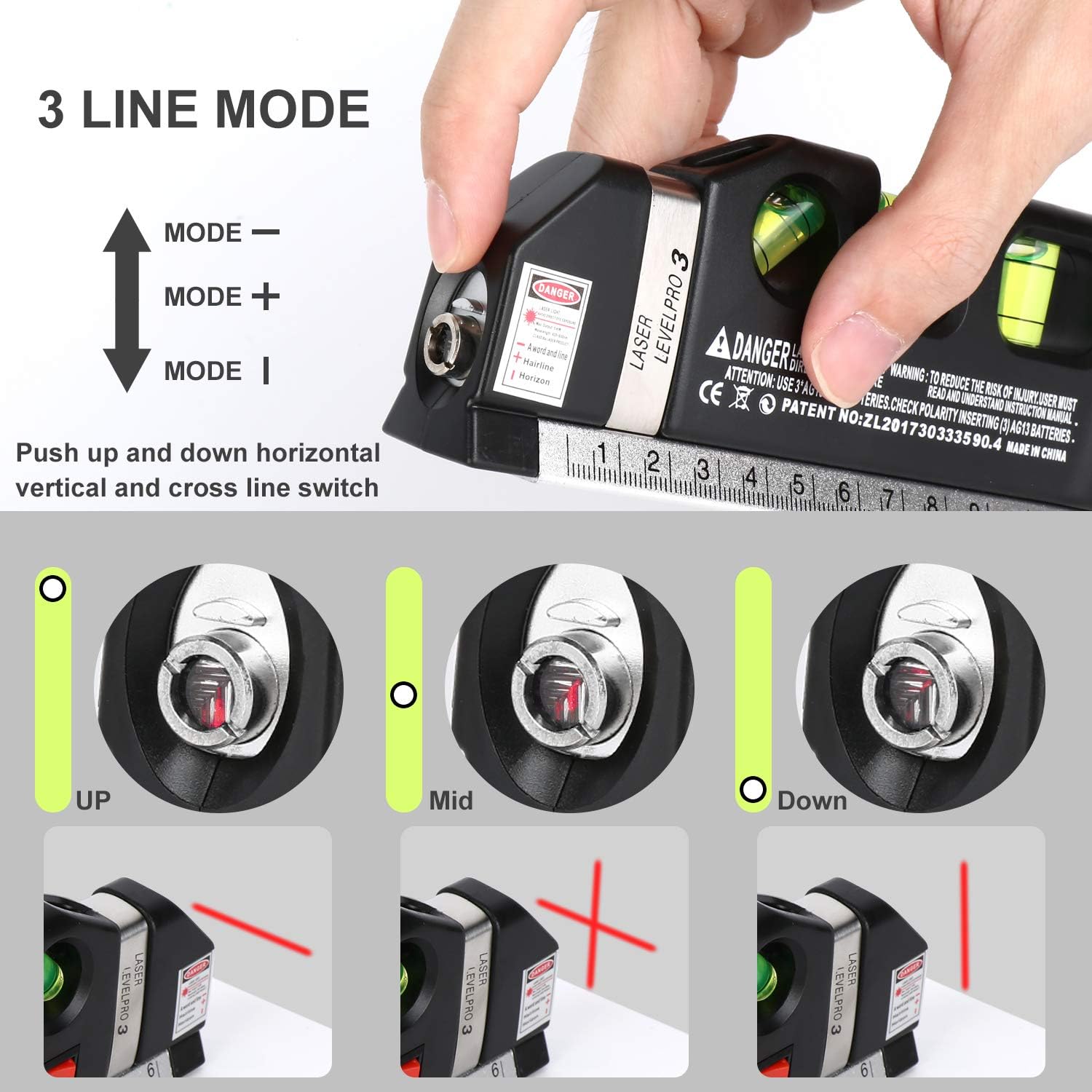 Máy cân bằng laser, Bộ cân bằng laser đa chức năng, Máy cân bằng laser tia chữ thập tiêu chuẩn kèm thước đo hệ mét, 8ft/2,5m cho tủ treo tranh AikTryee, ốp tường gạch.