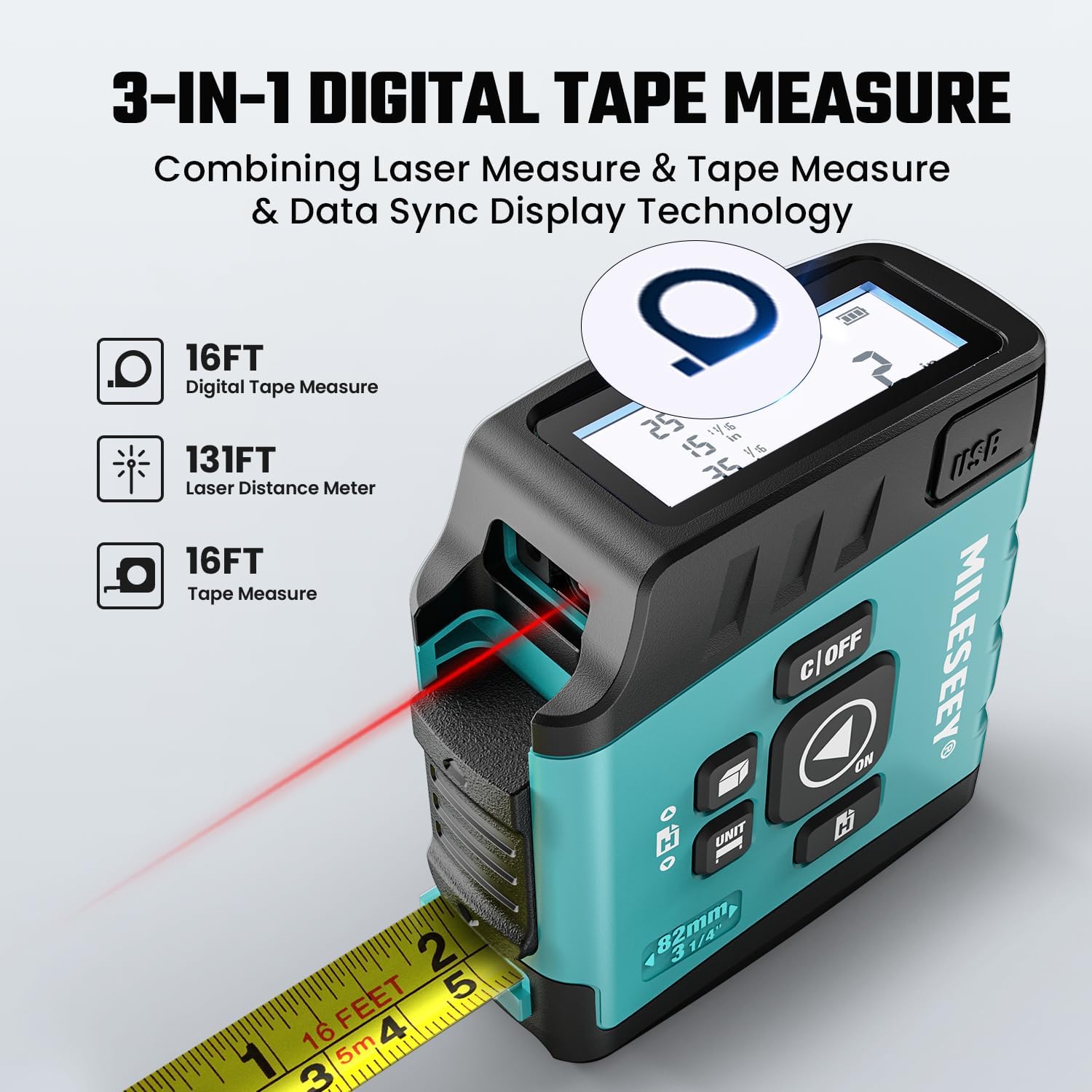 Thước dây laser MiLESEEY DT20 3 trong 1, Máy đo khoảng cách laser 130ft, Thước dây kỹ thuật số 16ft, Thước dây thông thường, Đo diện tích thể tích theo chế độ Pythagore, Chống nước, Có thể sạc lại