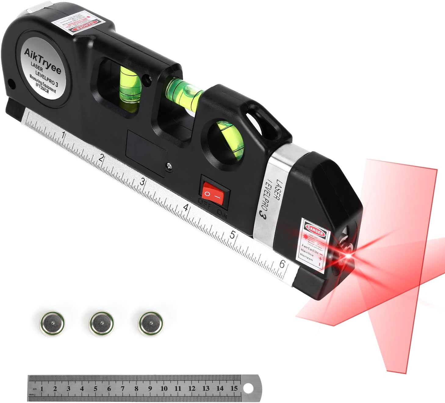 Máy cân bằng laser, Bộ cân bằng laser đa chức năng, Máy cân bằng laser tia chữ thập tiêu chuẩn kèm thước đo hệ mét, 8ft/2,5m cho tủ treo tranh AikTryee, ốp tường gạch.