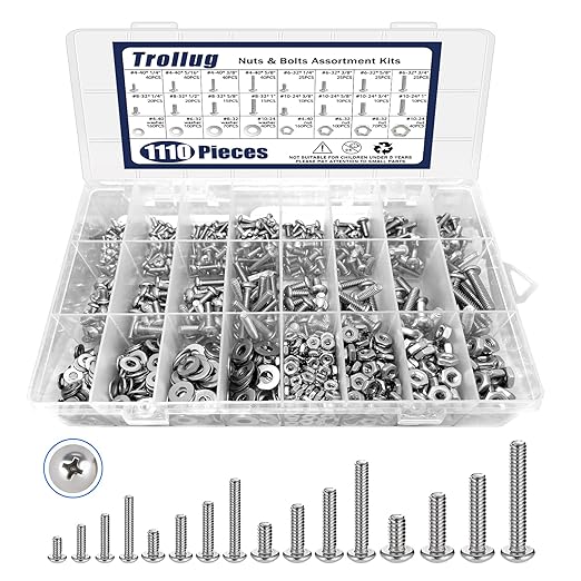 Bộ kết hợp bu lông và đai ốc 110PCS, bộ kết hợp phụ kiện phần cứng bằng thép không gỉ, với nhiều loại ốc vít, đai ốc, bu lông và vòng đệm (#4-40#6-32#8-32#10-24)