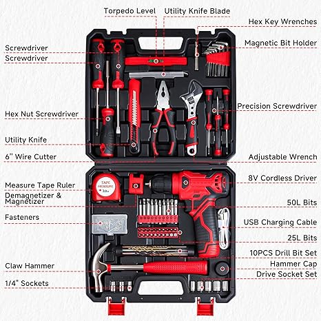 Bộ dụng cụ - Bộ dụng cụ khoan không dây 8V, Hộp dụng cụ 132 món có mũi khoan, Bộ dụng cụ gia dụng dành cho cả nam và nữ, Bộ khoan cầm tay cao cấp dành cho chủ nhà, người đam mê DIY và thợ sửa chữa - Màu đỏ
