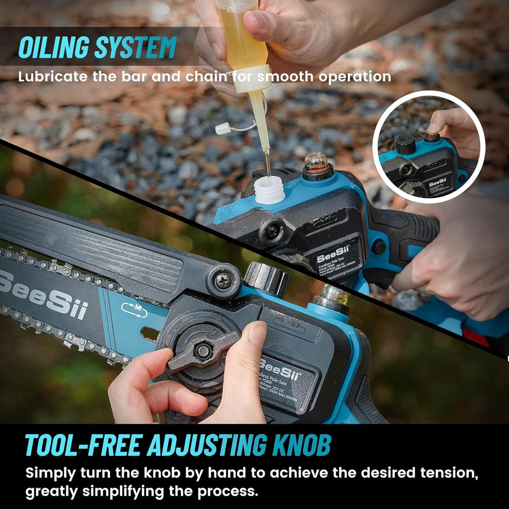 Máy cưa xích điện SEESII PS600 2 trong 1 để cắt tỉa cây, máy cưa xích mini 6 inch không dây có cán dài, máy cưa xích chạy bằng pin, máy cắt tỉa cành cây có 2 pin