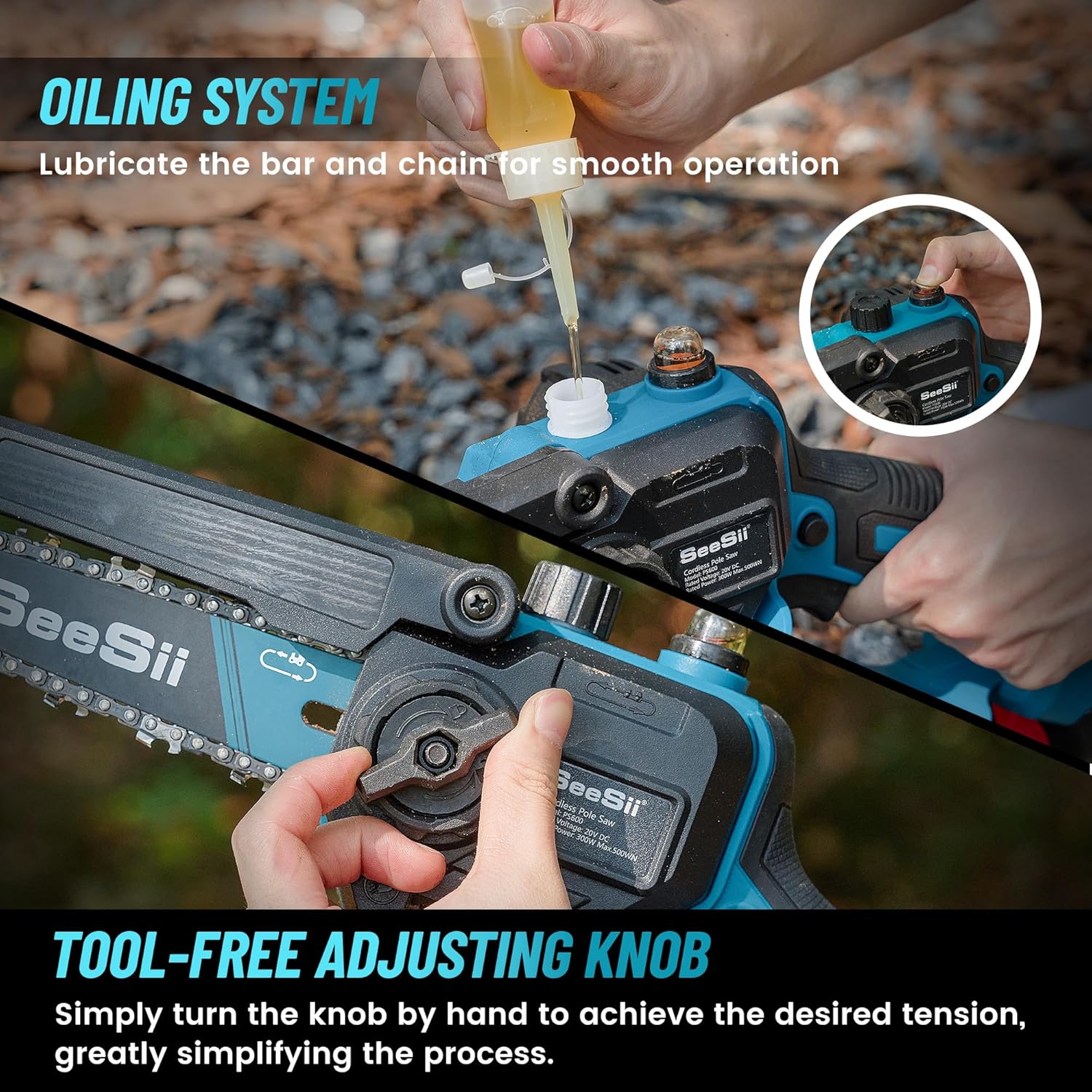 Máy cưa xích điện SEESII PS600 2 trong 1 để cắt tỉa cây, máy cưa xích mini 6 inch không dây có cán dài, máy cưa xích chạy bằng pin, máy cắt tỉa cành cây có 2 pin