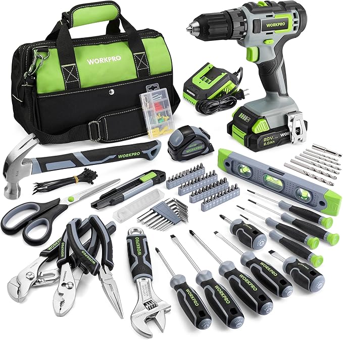Bộ dụng cụ gia đình WORKPRO có máy khoan không dây Li-Ion 20V, dụng cụ đa năng 157 món, máy khoan có túi đựng dụng cụ