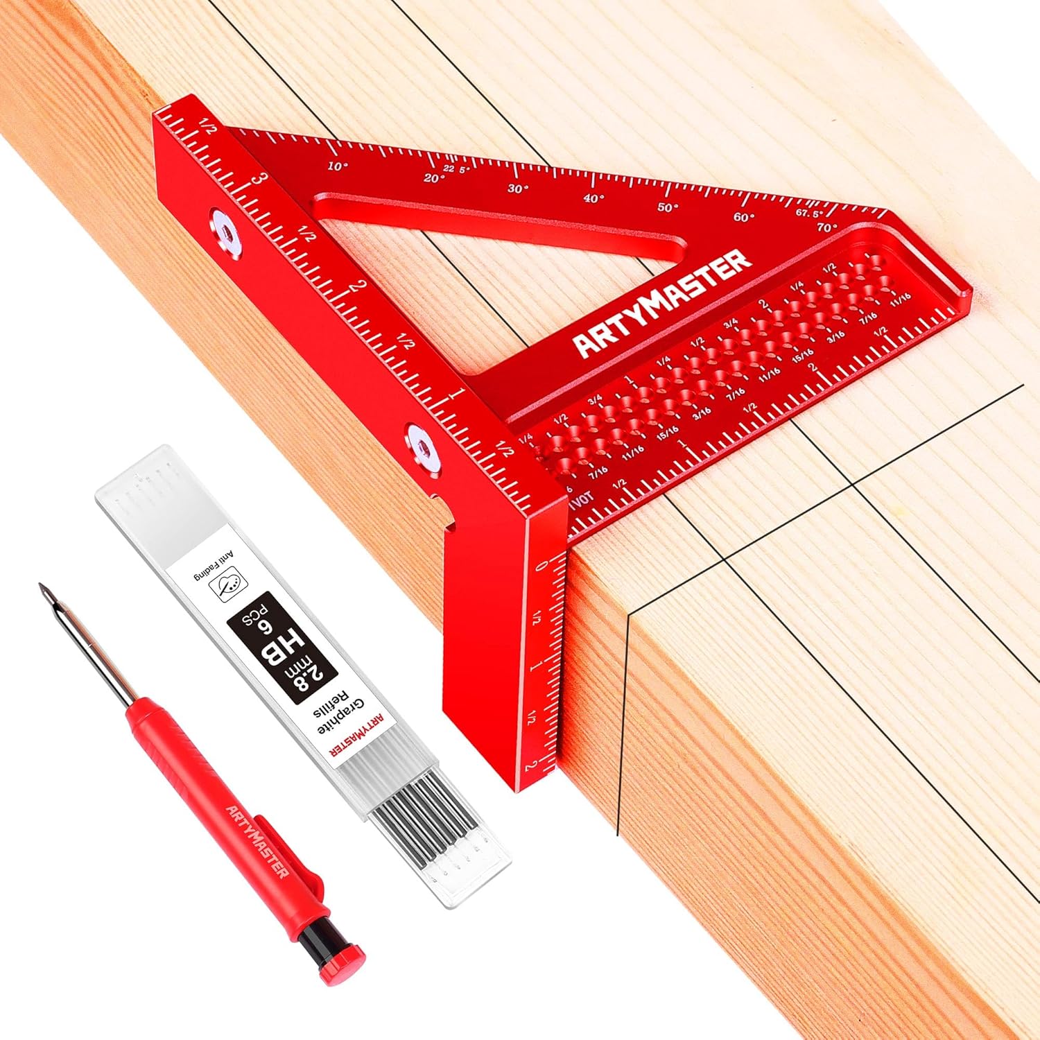 Thước vuông đo góc đa góc 3D mini 3,8 inch, dụng cụ đục gỗ có độ chính xác cao WT102A, dụng cụ đục gỗ vuông bằng hợp kim nhôm 0-90°, bút chì thợ mộc 6 ngòi.